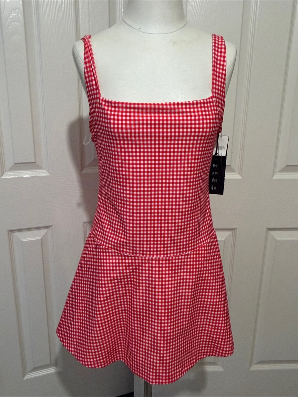 Abercrombie YPB Red Gingham Square-Neck Mini Dress Underneath Short Tennis - Picture 2 of 8